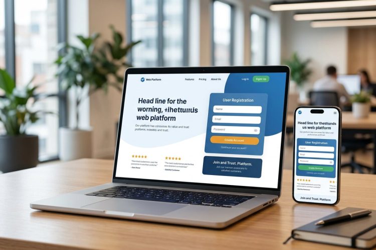 Reszponzív webplatform regisztrációs felülete laptopon és okostelefonon modern irodai környezetben